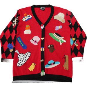 Berek Red Ugly Novelty Sweater Cardigan Hats Galore Kitty Lg Heart Present Btns